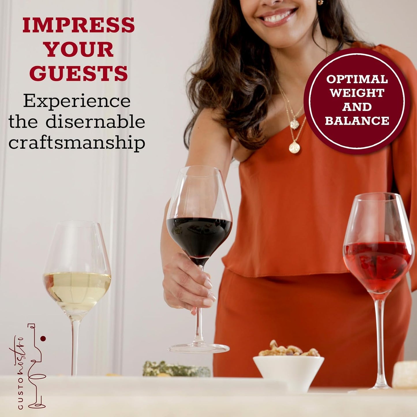 Gusto Nostro Crystal Wine Glasses Set of 4, 15.2 Oz Long Stem Modern Wine Glasses for White and Red Wine, Dishwasher Safe, Fancy, Elegant, Large and Tall Wine Glass for Wedding Christmas Anniversary