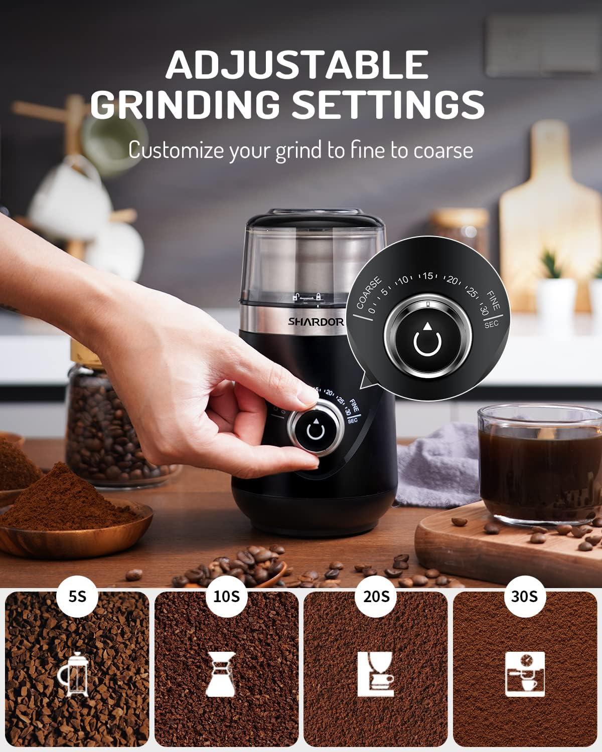 SHARDOR Electric Super Silent Blade Coffee Grinder, Timed Grind Control Rotary Knob, Adjustable Coarse to Fine for Coffee Beans, Spices & Herbs, with 2 Removable Stainless Steel Bowl, Black
