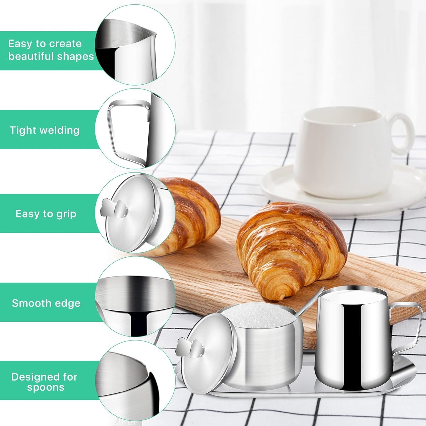 Stainless Steel Sugar and Creamer Set, Coffee Sets for Serving, Latte Milk Cup Cream Jug and Sugar Bowl with Lid Spoon Tray for Coffee Bar