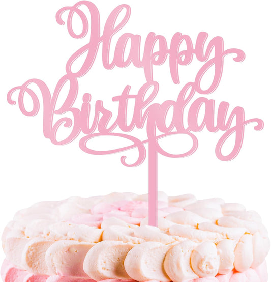 1 PCS Happy Birthday Cake Topper, 5.1 x 6.5 Inches Acrylic Cake Topper, Elegant Pink Happy Birthday Cake Sign, Birthday Cake Decorations for Adult, Kids, DIY Dessert Supplies
