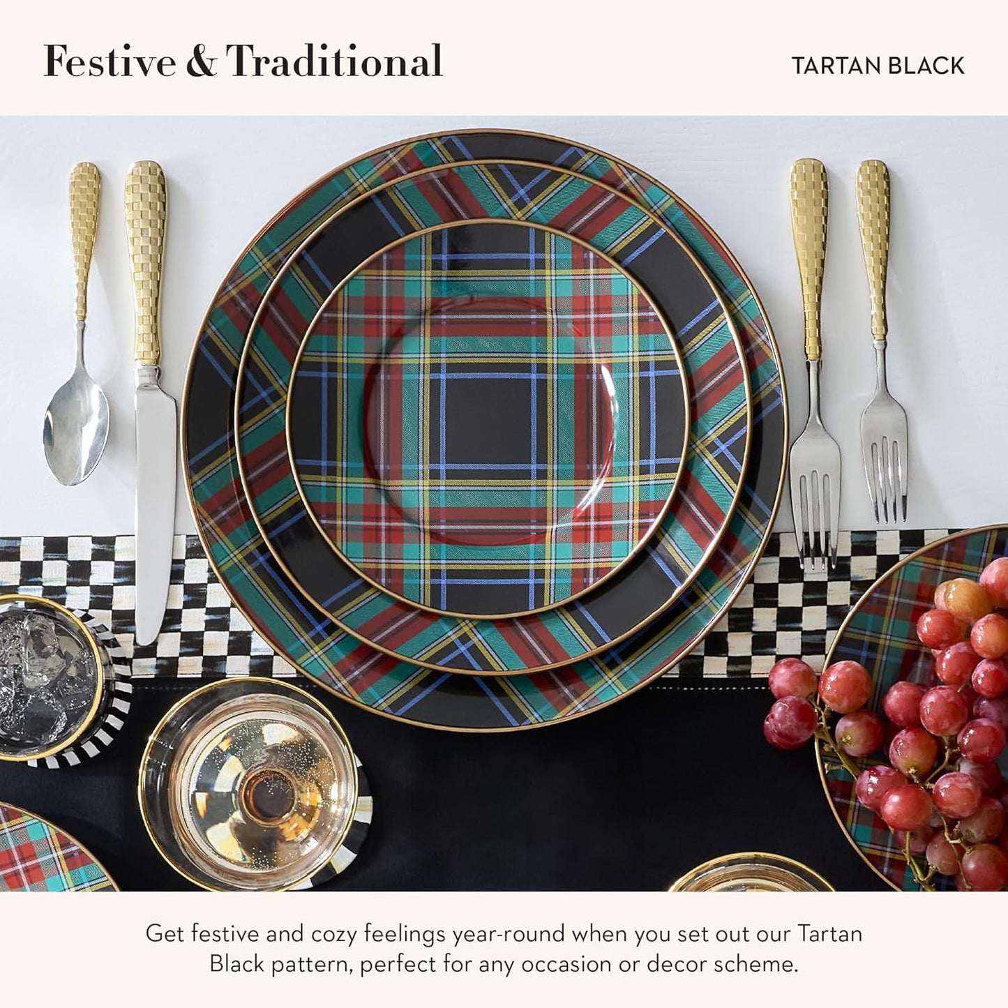 MACKENZIE-CHILDS Enamel Serving Platter, Decorative Serving Platter for Food, 16 Inches, Black Tartan