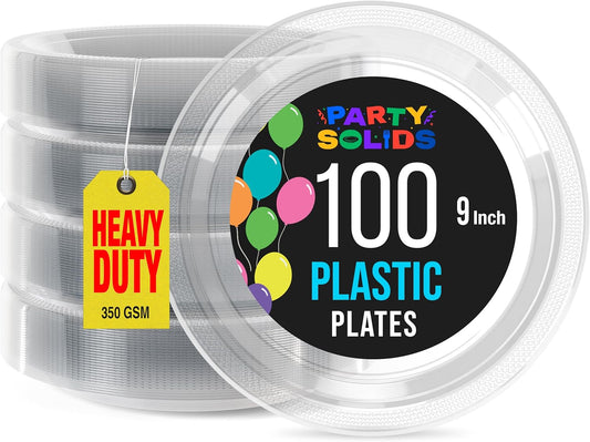 Exquisite Party Solids Clear Plastic Plates For Party 9" Clear Disposable Plates Heavy Duty Supplies 100 Pcs Plastic Dinnerware Sets Heavy Duty 350 GSM Disposable Dinnerware Set