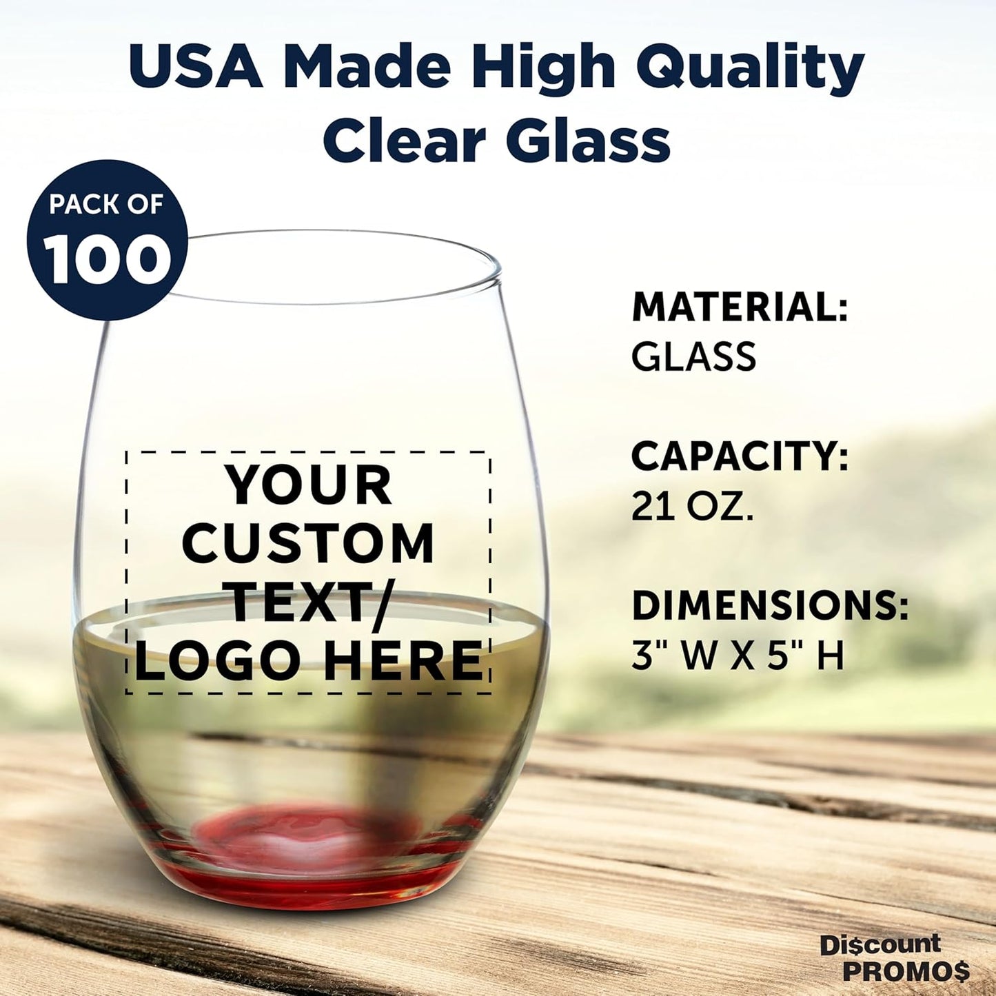 DISCOUNT PROMOS 100 ARC Stemless Wine Glasses Set, 21 oz. - Customizable Text, Logo - Chardonnay, Cabernet, Merlot, Sauvignon - Red