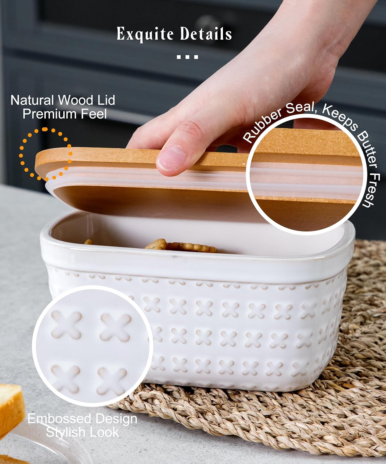 Nucookery Ceramic Butter Dish, Embossed Butter Keeper with Wood Lid for Countertop, Butter Holder and Container with Double Silicone Seal (Cross Pattern)