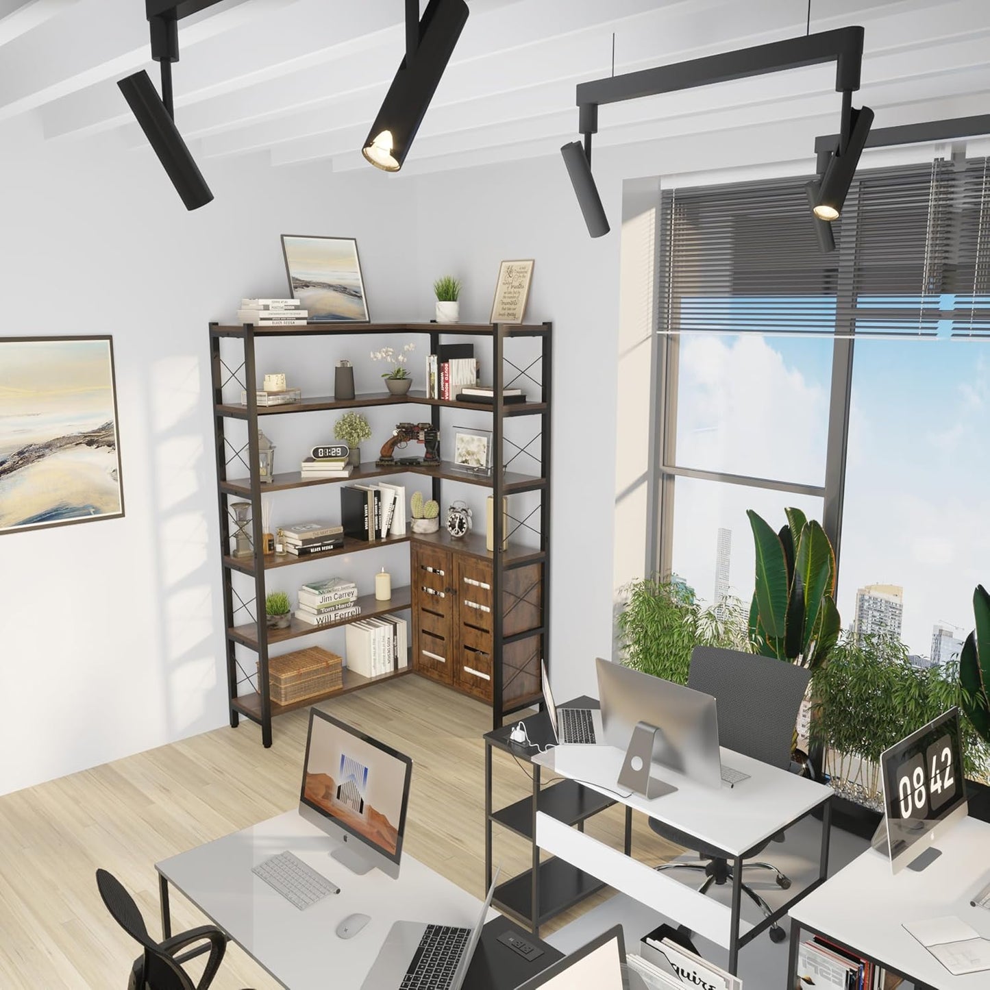 Corner Bookshelves and Bookcases Industrial Corner Etagere Bookcase L Shaped Shelf 6 Tiers with Metal Frame for Living Room Home Office