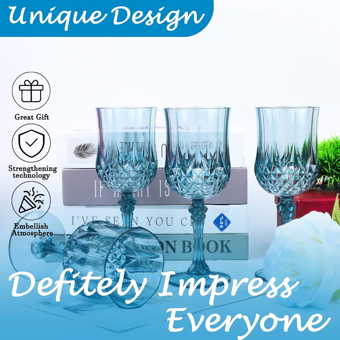 Plastic Wine Glasses，Plastic Goblets Vintage Style Cordial Drinking Glasses for Wedding Reception, Grand Event Party Supplies (24, Dusty Blue)