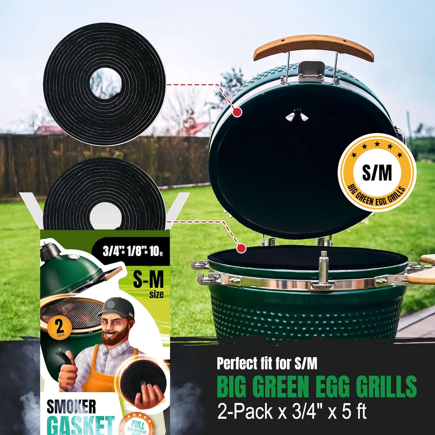 Gasket for Big Green Egg S-M - 2-Pack x 5 FT Smoker Gasket Seal - BGE Gasket 3/4" x 1/8" Felt - Compatible with Big Green Egg - Accessories & Parts for Grill by Smoker Chef