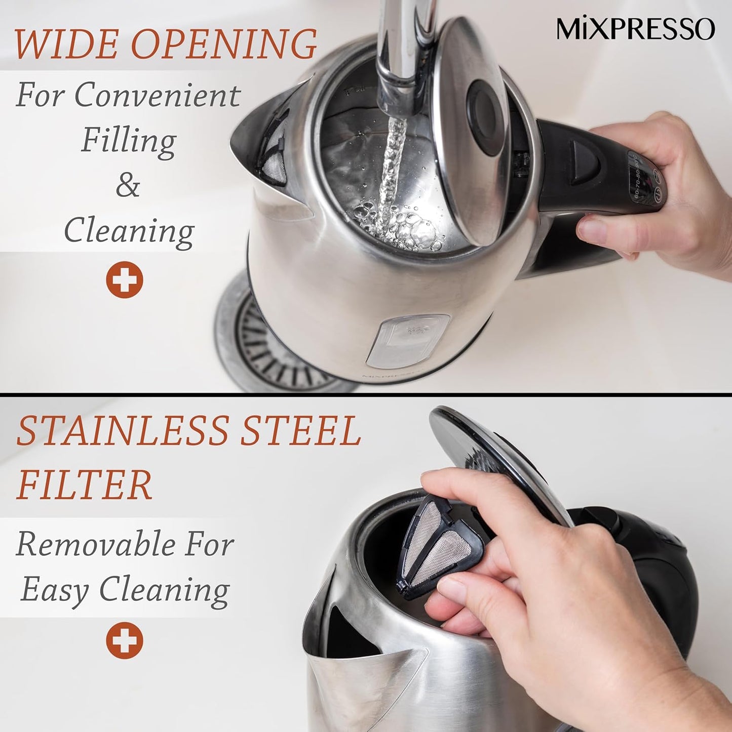 Mixpresso Stainless Steel Electric Kettle, Cordless 1.7L Electric Kettle Temperature Control,1500W Electric Tea Kettle with Viewing Window 2 Hr Keep Warm, Water Boiler with Auto-Off, Boil-Dry System