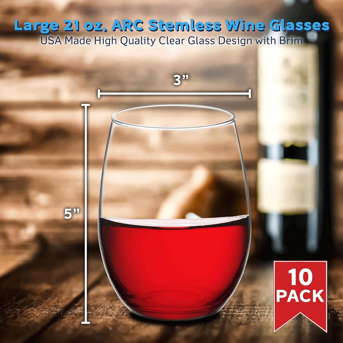DISCOUNT PROMOS 10 ARC Stemless Wine Glasses Set, 21 oz. - Chardonnay, Cabernet, Merlot, Sauvignon - Clear