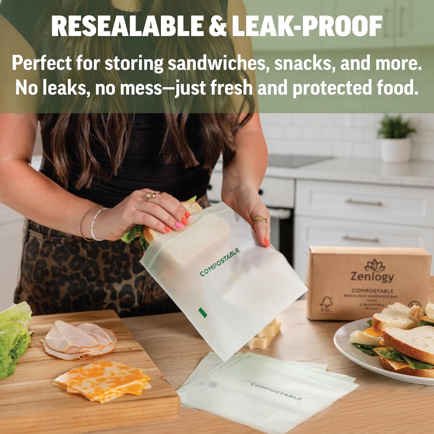 Zenlogy Home Compostable Resealable Sandwich Bags (7"x7"), Microwave & Freezer Safe, Organic Food Storage Container, 100 Count