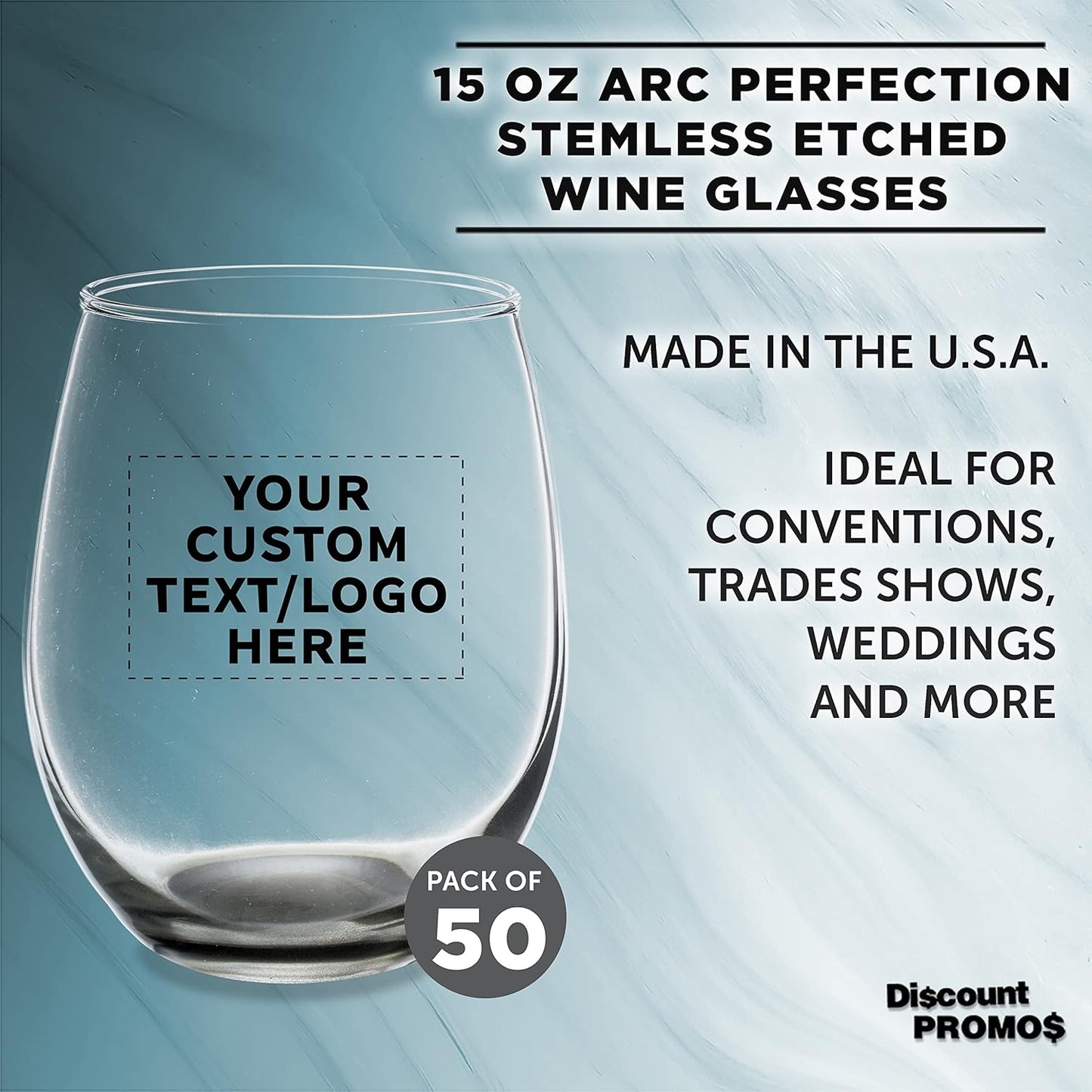 Custom Stemless Wine Glasses in Bulk by ARC Perfection, 15 oz, 50 pack, Personalized Text, Logo, Red or White Wine Glass Set, Black