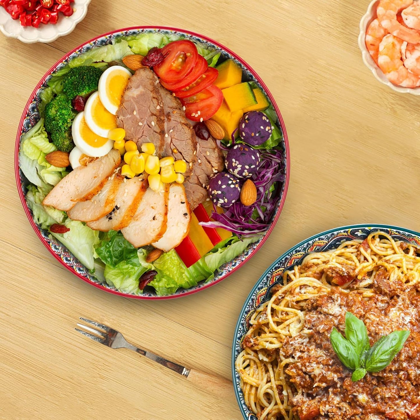 75 Oz Serving Bowls,Bohemian Style Large Porcelain Dishes for Entertaining Parties,Big Bowls for Eating Soup, Salad, Pasta, Fruit, Chips, 10.3 Inch Diameter (blue.red)