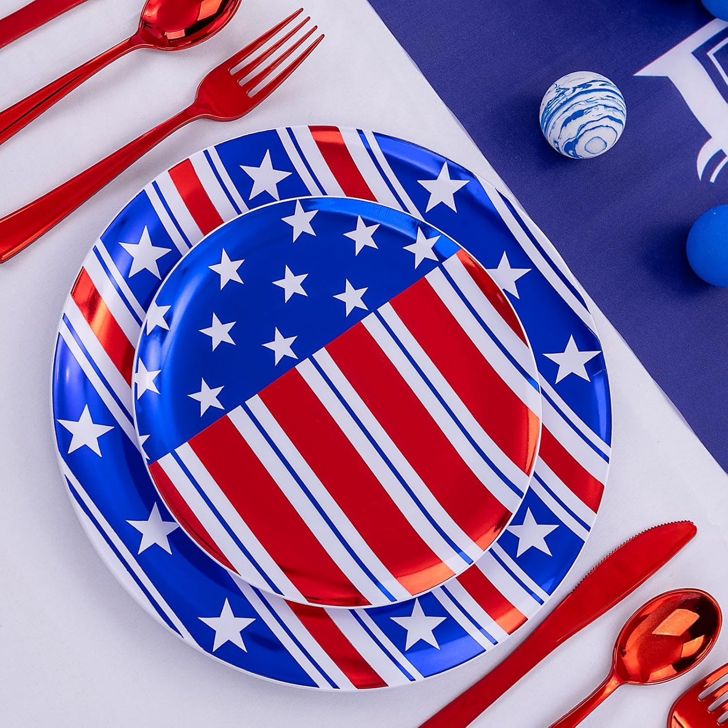 FLOWERCAT 60PCS 4th of July Plates & Red White Blue Plates for Independence Day, Memorial Day - American Flag Plastic Plates Include 30PCS 10.25inch Dinner Plates and 30PCS 7.5inch Dessert Plates