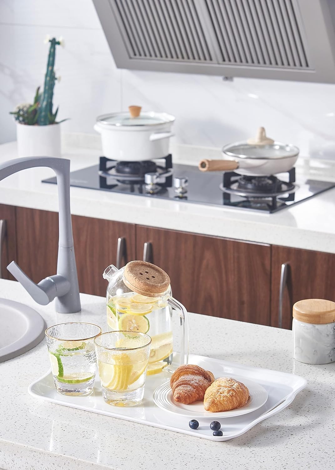 Blue Boat 14" x 10" Serving Trays Set of 4 White, Dinner Tray, Light Weight Easy to Clean Sturdy Stackable Melamine Serving Tray with Handle, Fruit, Snacks, and Desserts Trays