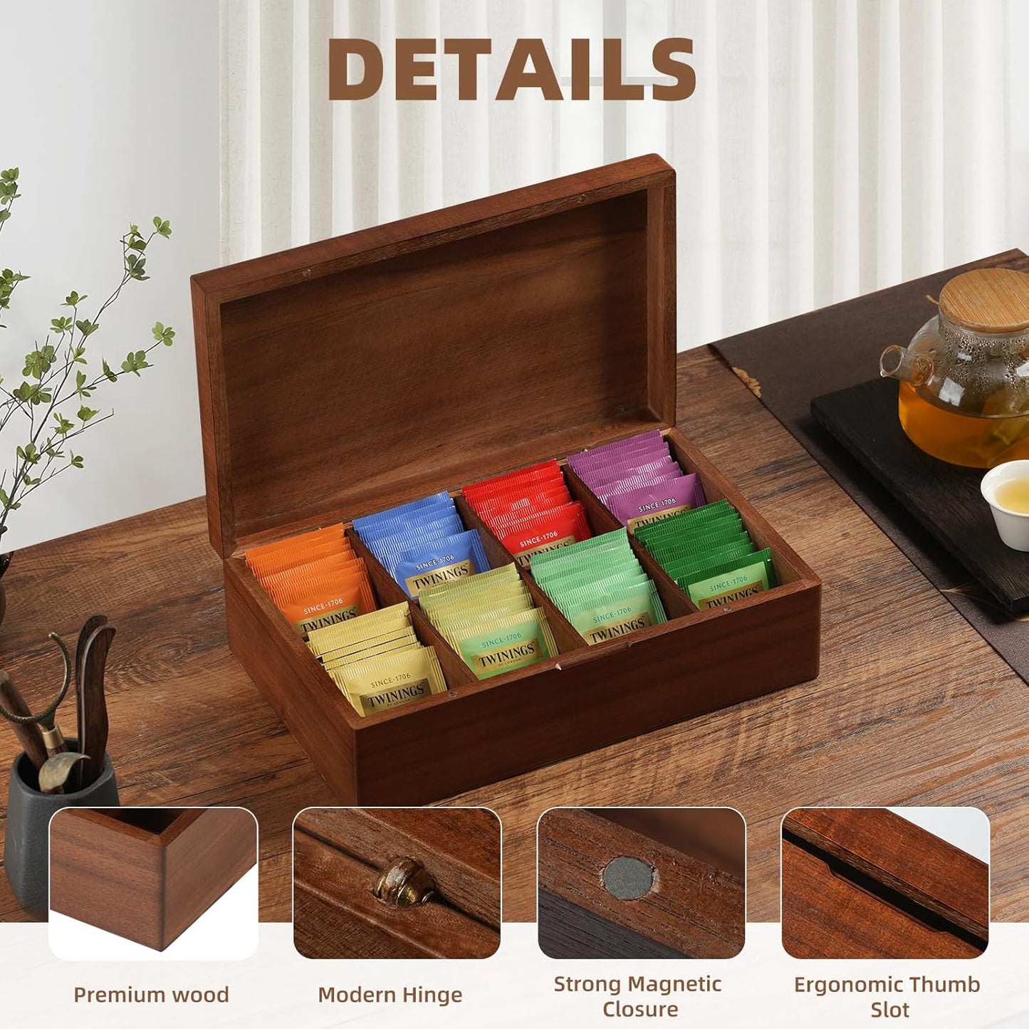 Acacia Wood Tea Bag Organizer, 8 Compartments Tea Box Organizer Storage Box, Tea Box for Tea Bags Chest, Tea Bag Holder with Magnetic Lid for Beverage Supplies, Sugar, Sweeteners, Individual Packets