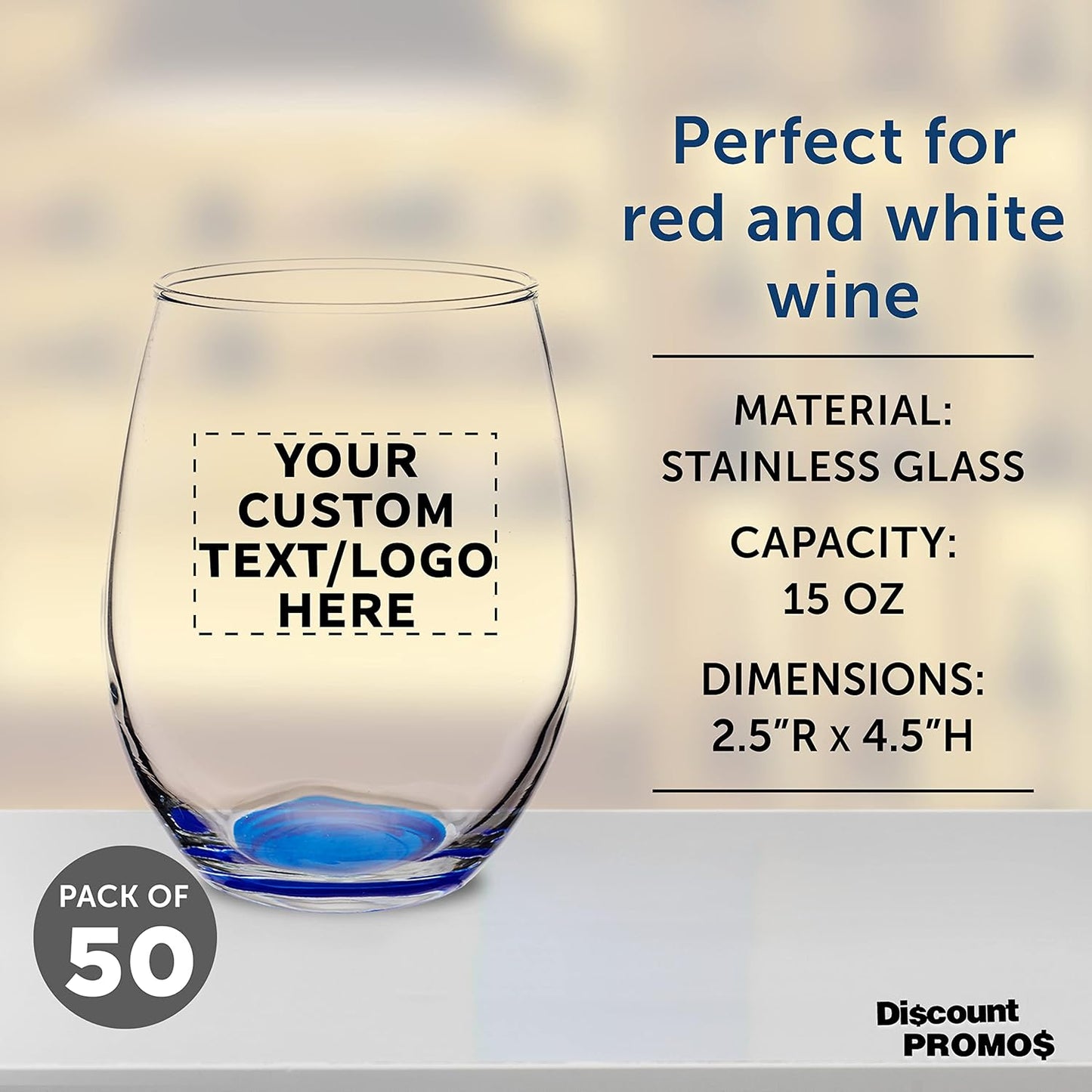 Custom Stemless Wine Glasses in Bulk by ARC Perfection, 15 oz, 50 pack, Personalized Text, Logo, Red or White Wine Glass Set, Blue