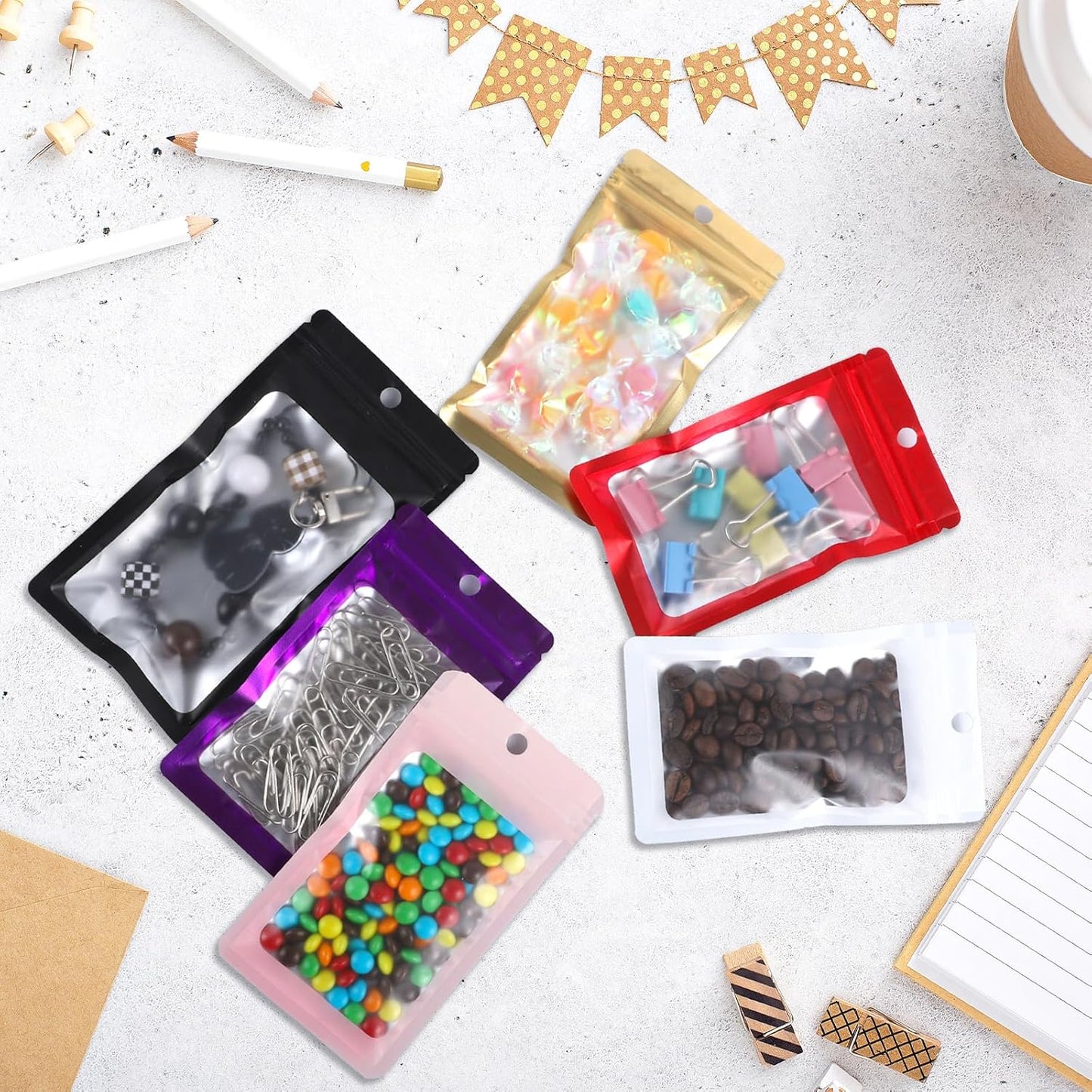 200 Pack Resealable Mylar Holographic Bags Food Storage Smell Proof Bags with Front Window Foil Packaging Pouch for Candy Sample Jewelry Small Business 4.72×7.87 Inch, Purple