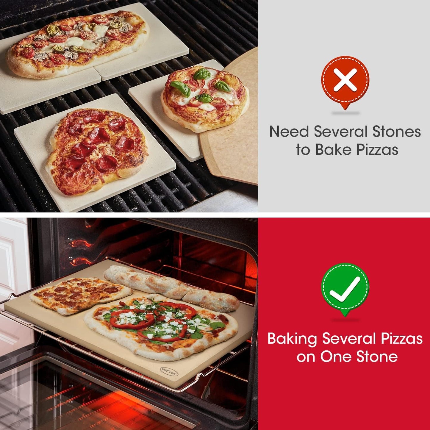Unicook Extra Large Pizza Stone 24" x 12" x 0.6" for 36"/48" Ovens, Rectangular Baking Stone, Ideal for Baking Crispy Pizzas, Bread and Cookies, Weighs 12 lbs, Does Not Fit 30" Compact Ovens