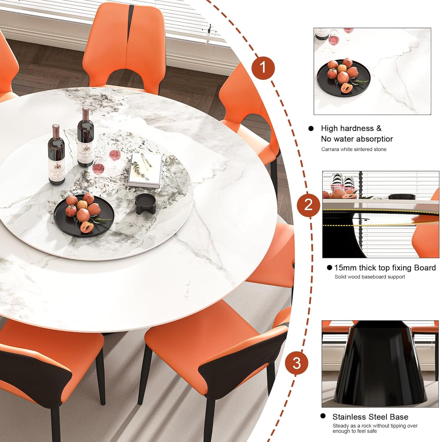 Montary 59" Modern Artificial Marble Round Dining Table with Black Stainless Steel Cone Base & 31.5" White Sintered Stone Turntable, Dining Room Table with Lazy Susan for 6-8 (Only Table)