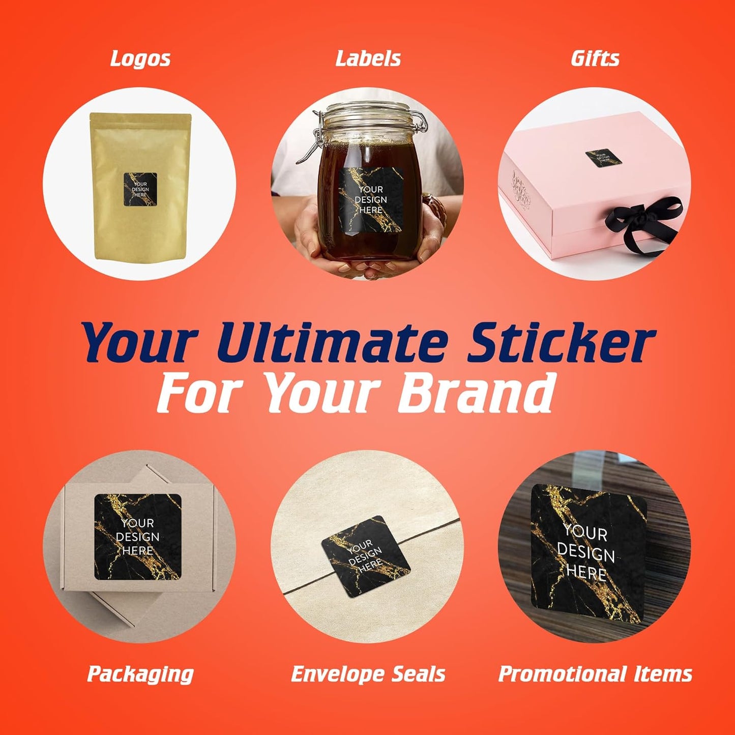 100 Custom Vinyl Stickers - Upload Your own Image, Text, Design, Logo - Personalized Logo Labels for Handmade, Packaging, Bottle, Jars, Candle, Brand Stickers (Black Gold Marble, 6x6 Square)