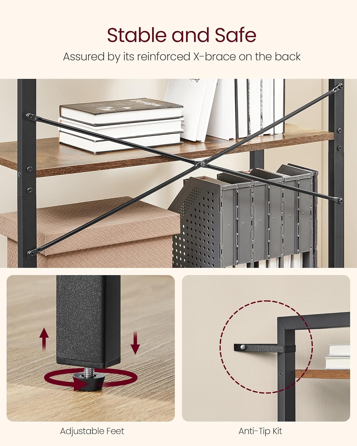 VASAGLE 5-Tier Bookshelf, Bookcase with Steel Frame, Book Shelf for Living Room, Home Office, Study, 11.8 x 31.5 x 60.2 Inches, Industrial Style, Rustic Brown and Ink Black ULLS081B01