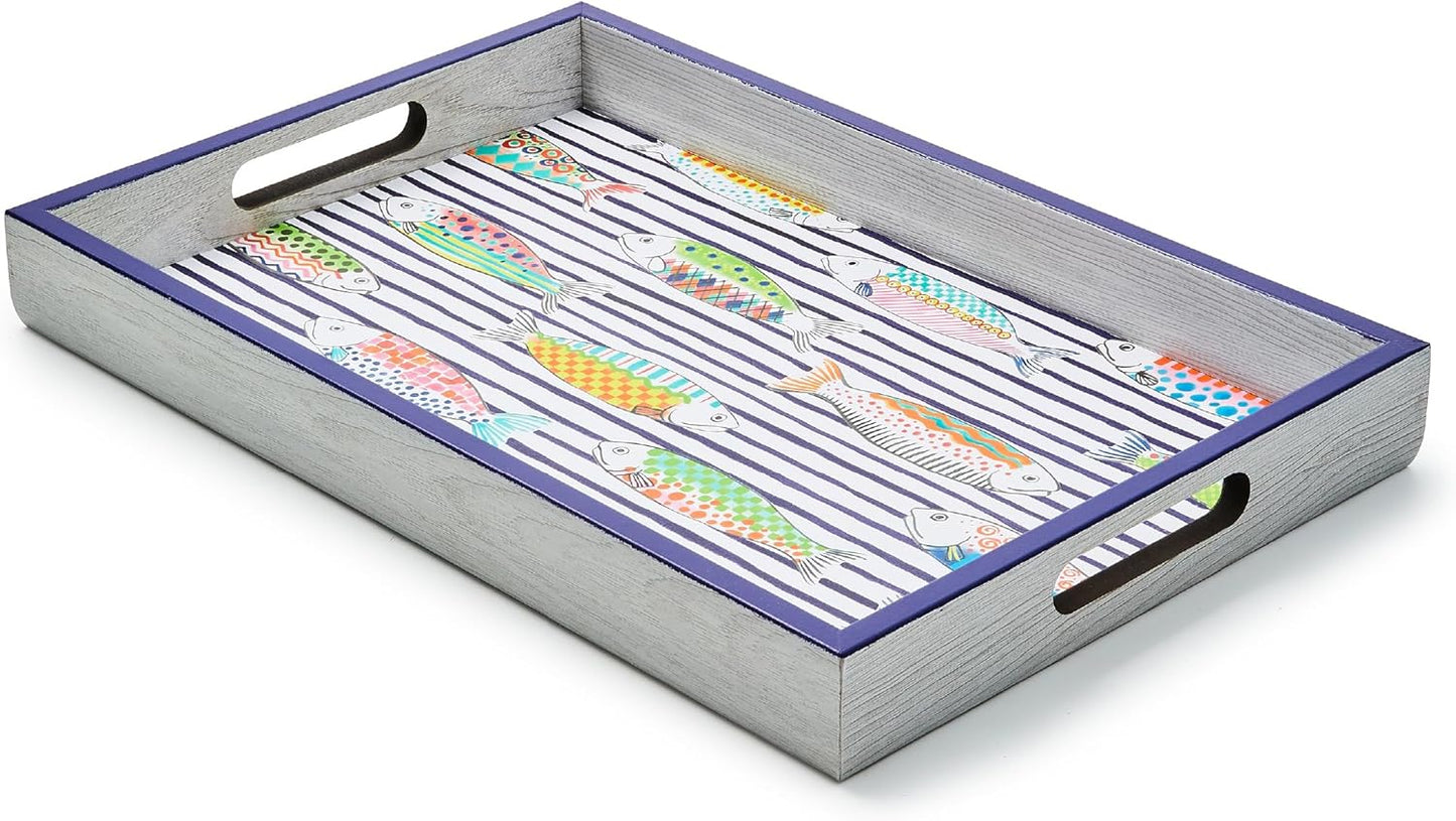 MACKENZIE-CHILDS Wooden Tray with Handles, Rectangular Tray for Serving, Go Fish