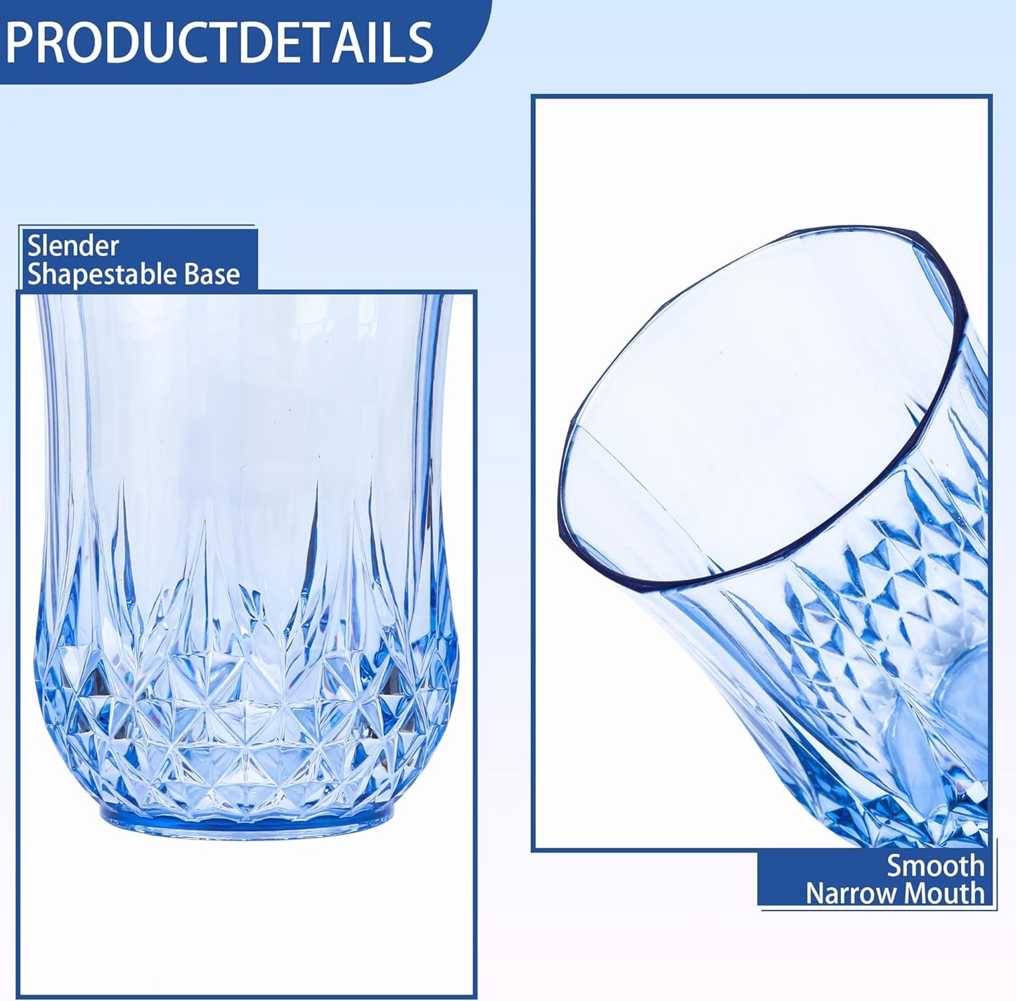 48 PCS Blue Stemless Wine Glasses，Plastic Reusable Cups 9OZ Vintage Drinking Glasses Tumblers for Whisky, Beer, Juice, Beverages, Cocktai