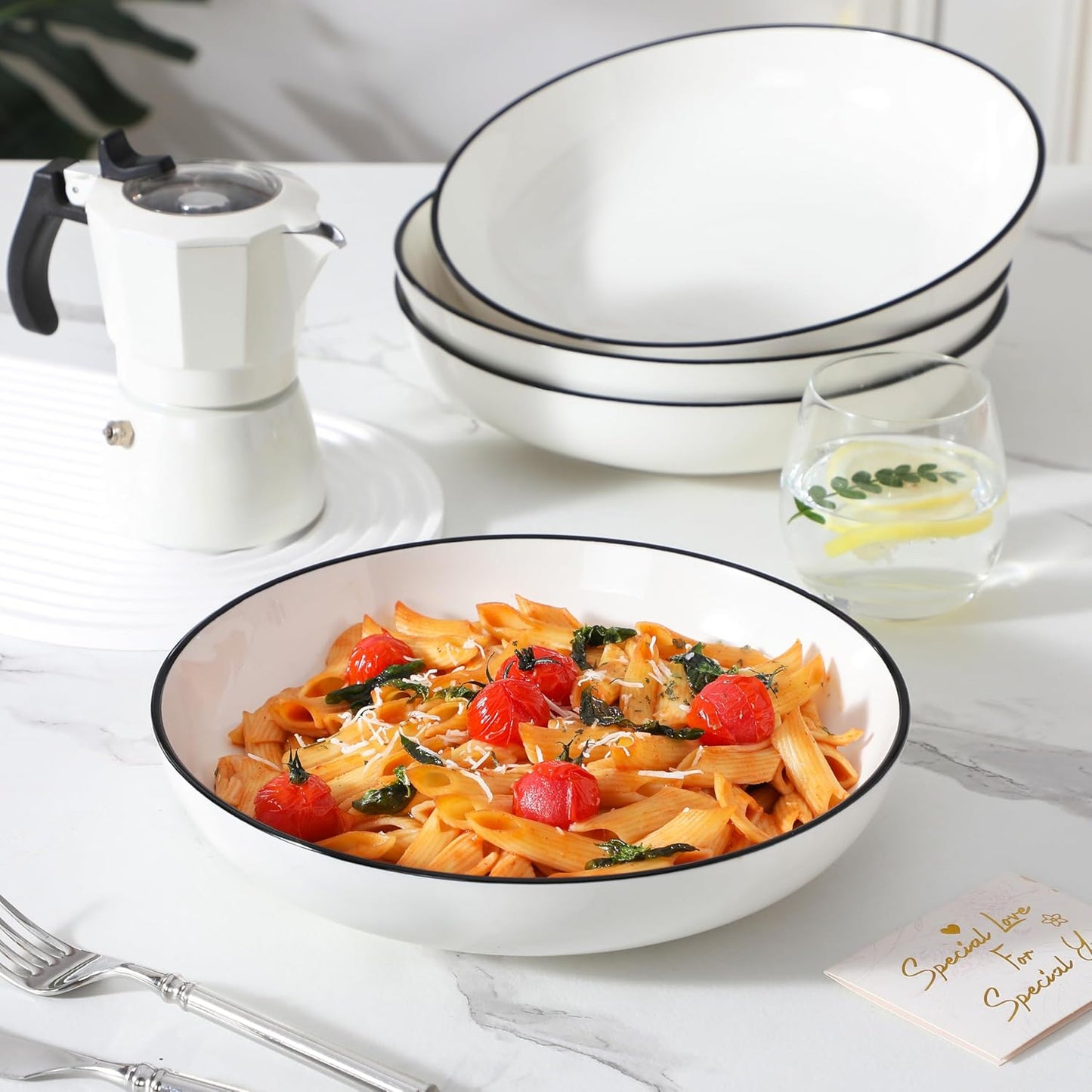 MALACASA 10" Large Pasta Bowls, 56 OZ White Salad Bowls Soup Bowls, Porcelain Serving Bowls Set of 4, Ivory White & Black Rim, Microwave & Dishwasher Safe, Series REGULAR