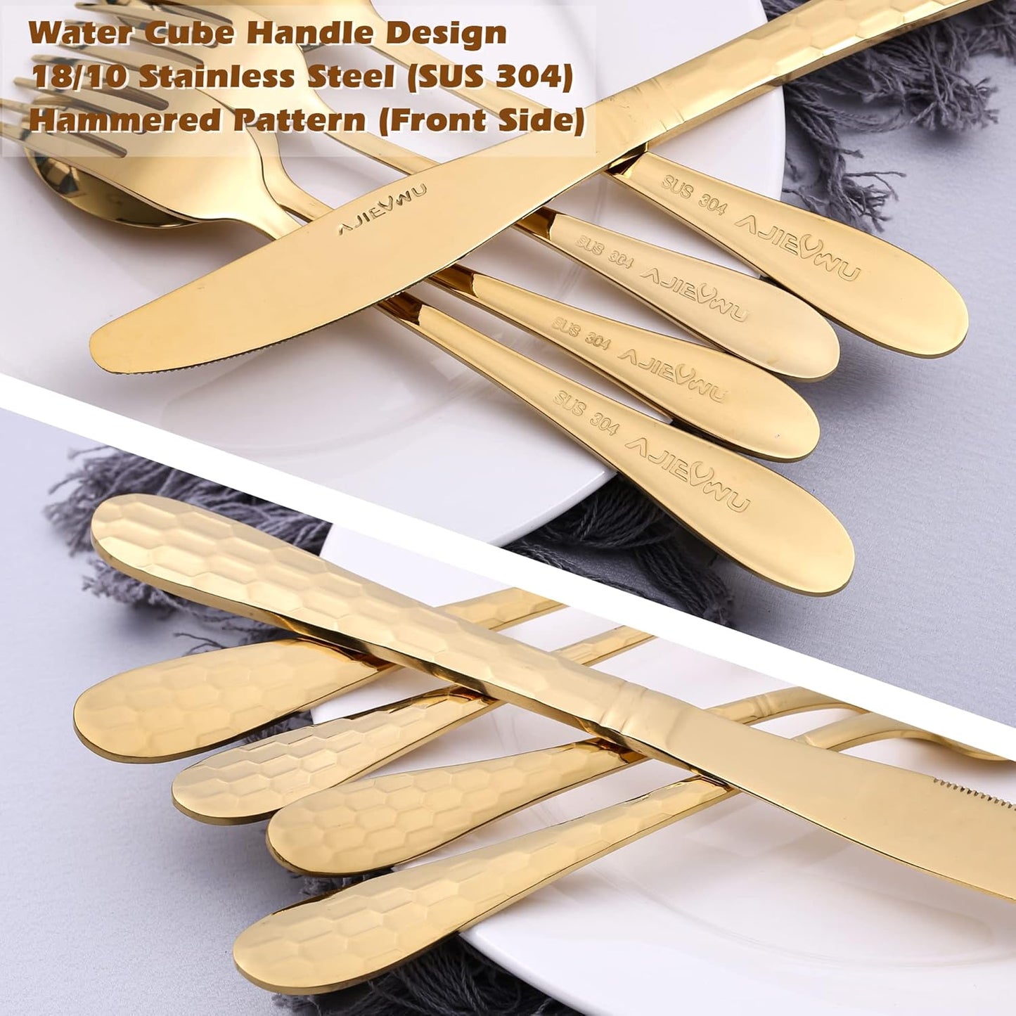 20 Piece Silverware Set for 4, Hammered Silverware Set 18/10 Stainless Steel Tableware Cutlery Flatware Spoons and Forks Set for Home Kitchen Restaurant, Unique Utensils Set Dishwasher Safe (Gold)