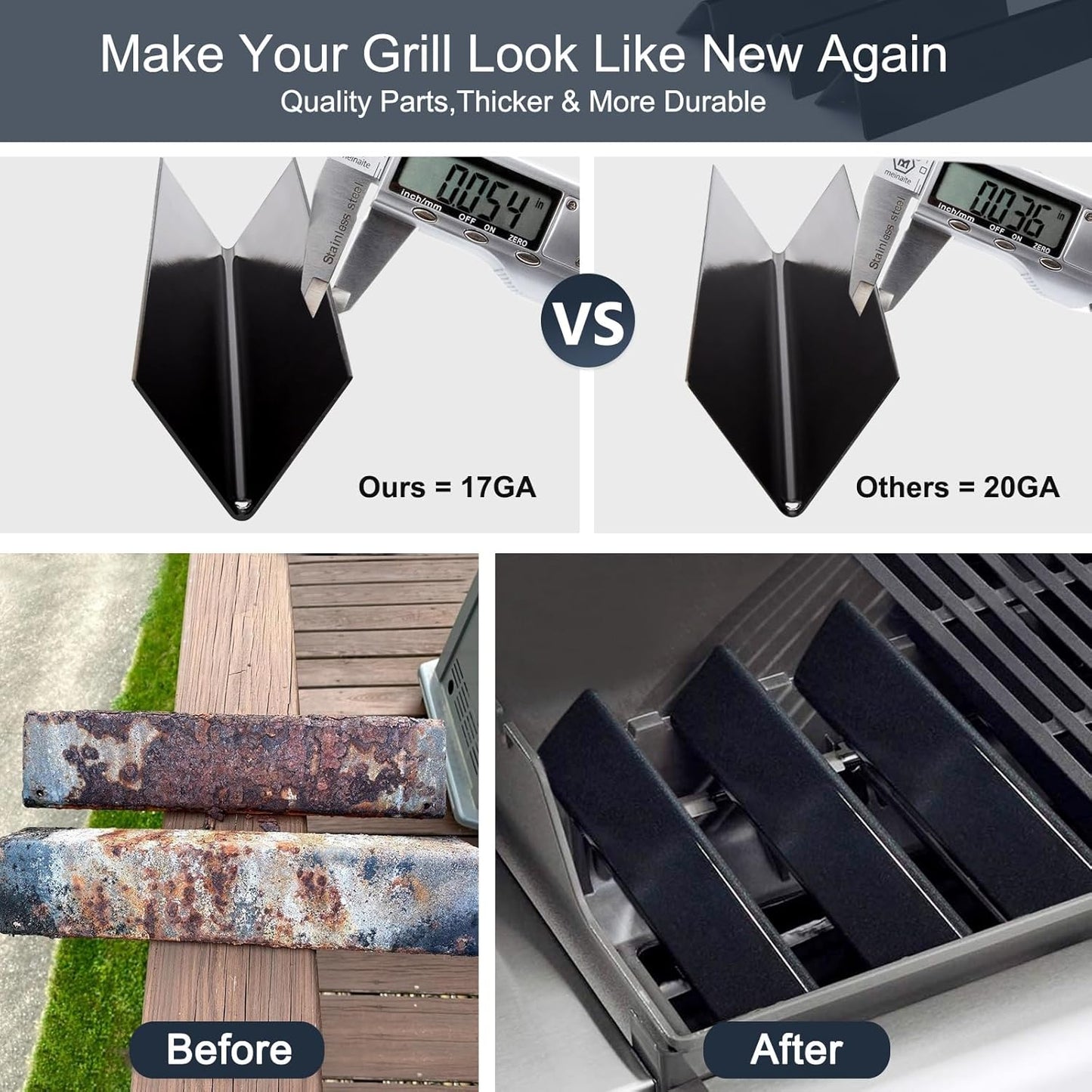 15.3" 7635 Porcelain-Enameled Flavorizer Bars for Spirit 200 Series Gas Grills, Spirit E210, S210, E220, S220 with Front Control Knobs, Set of 3 Heat Plates Flavorizer Bars Replacement for Weber 7635