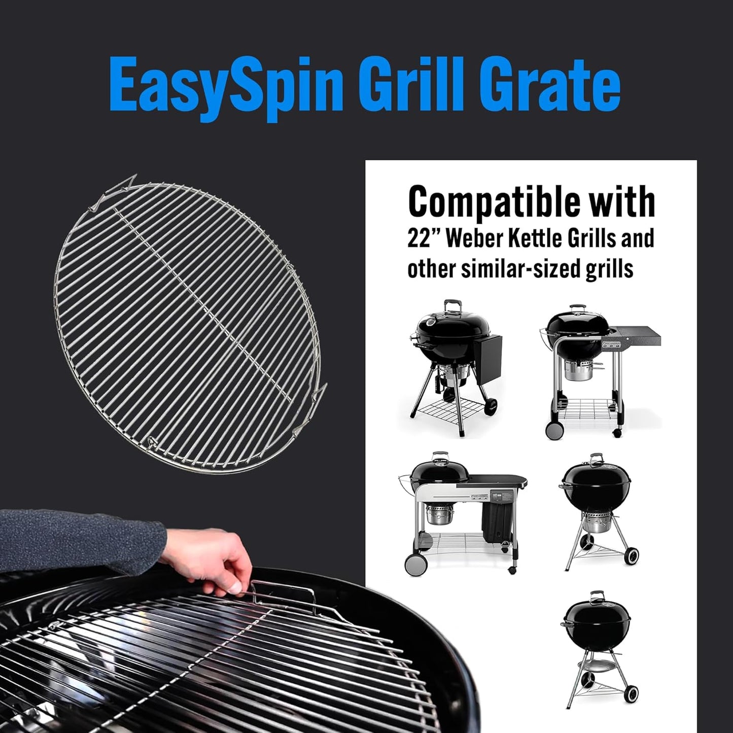 SnS Grills EasySpin Charcoal Grill Cooking Grate, 304 Stainless Steel, Large Hinged Opening, Perfect for 2-Zone Cooking, Replacement Grate Compatible with Weber & Other Grills - Fits 22” Kettles