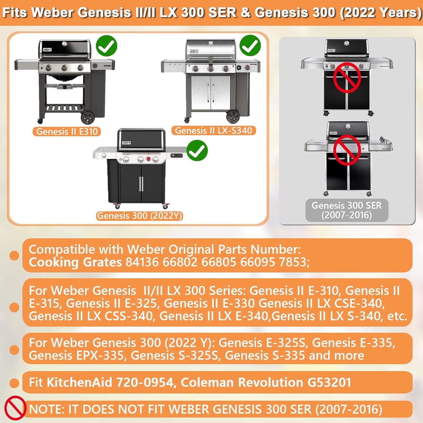 66095 Genesis II GS4 Grill Grates for Weber 3 Burner Genesis 2 GS4 Grill Replacement Parts Weber Genesis II/II LX 300 SER II E310 E315 Accessories 66805 66802 Genesis 300 (2022 YRS) Cast Iron 18.8''L