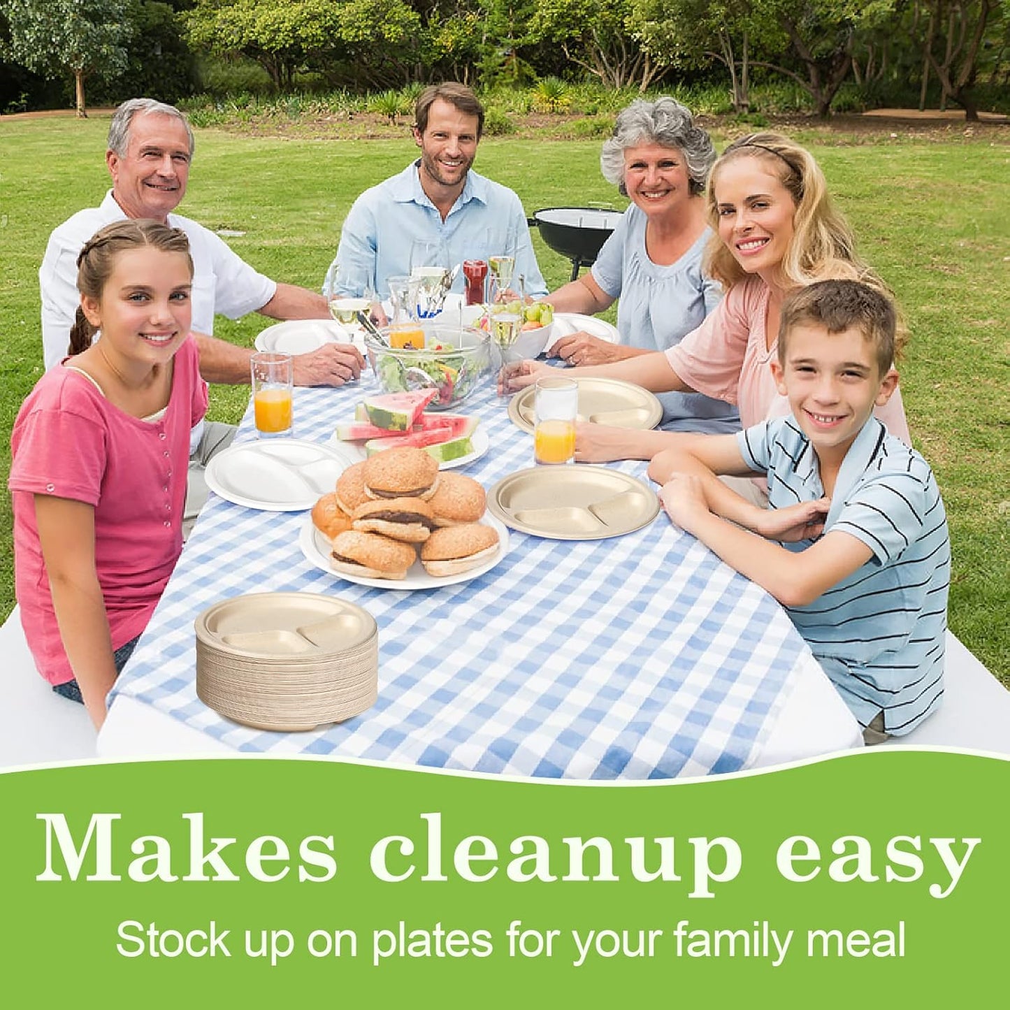 9 inch 3 Compartment Paper Plates - 50 Pack, Heavy Duty, Divided, Compostable