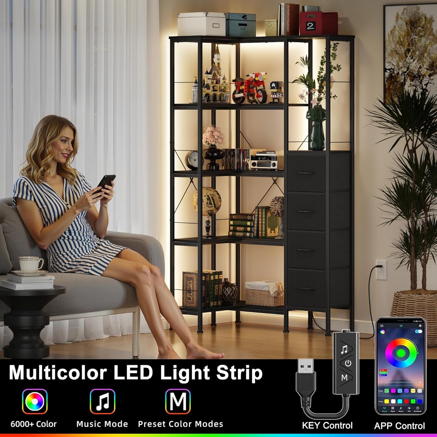 Corner Bookshelf with LED Light Strips & 4 Fabric Drawers, 5-Tier Convertible Corner Shelf with Display Shelf, Large Wood Industrial Bookcase for Living Room, Bedroom, Home Office, Black