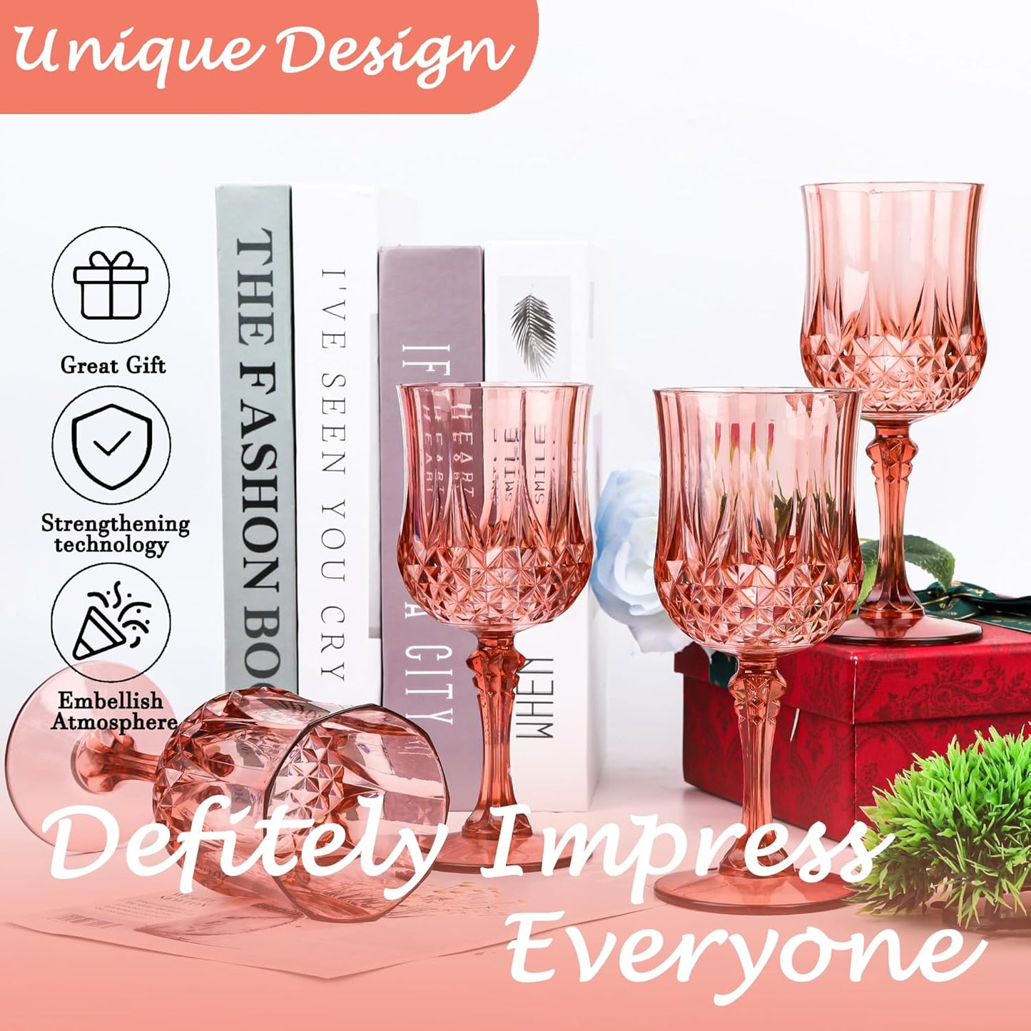 Plastic Wine Glasses，Plastic Goblets Vintage Style Cordial Drinking Glasses for Wedding Reception, Grand Event Party Supplies (12, Rose Gold)