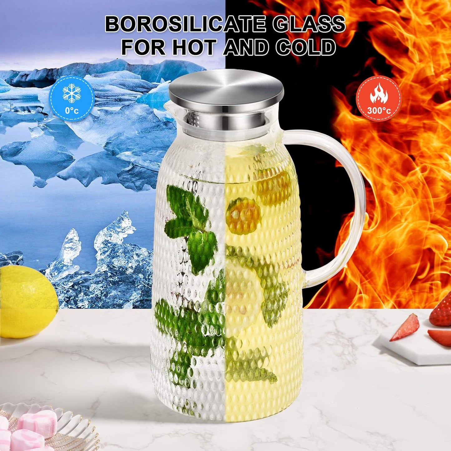 Aofmee 80oz Glass Pitcher with Lid, 2.4 Liter Water Pitcher, Glass Carafe for Cold or Hot Beverages, Sun Tea Jar, Easy Clean Heat Resistant Jug for Juice, Milk