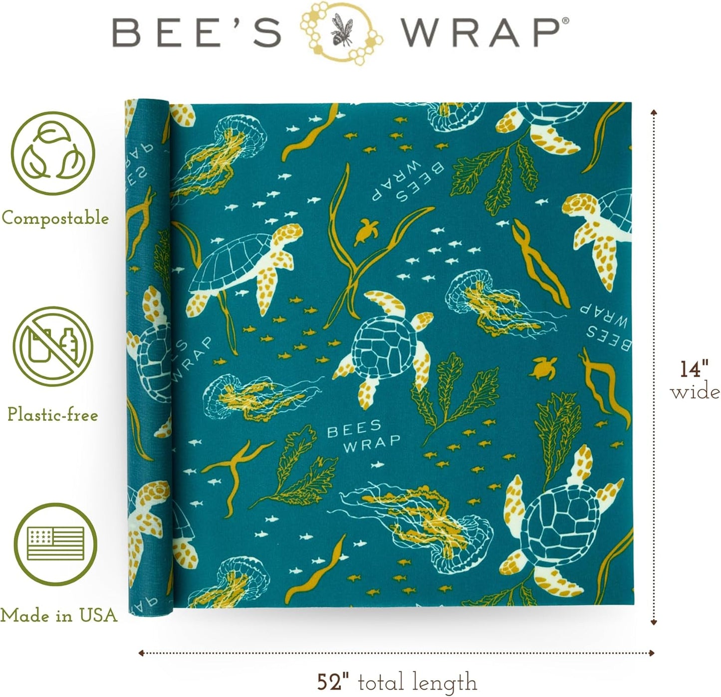 Bee's Wrap Beeswax Wraps for Food - Ocean Cut to Size 14x52" Wax Paper Roll - Made in USA Reusable Waxed Paper & Bowl Covers - Organic & Eco-Friendly Alternative to Aluminum Foil & Plastic Wrap
