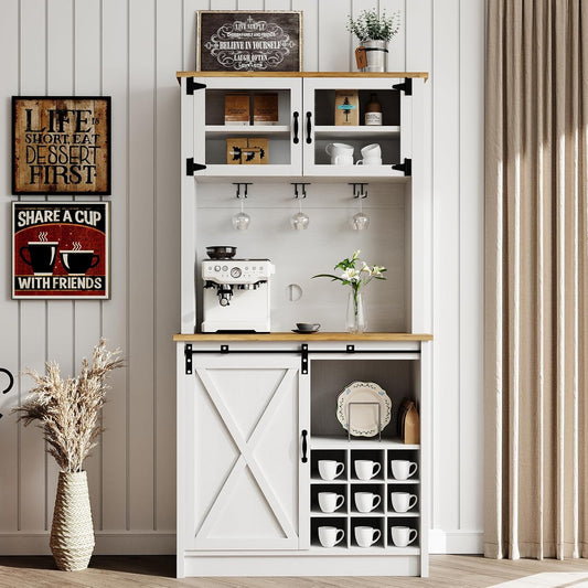 4ever2buy 72" Farmhouse Coffee Bar Cabinet with Sliding Barn Door, White Coffee Bar with Storage, Large Kitchen Buffet Cabinet with Wine Rack, Tall Bar Cabinet Table Living Dining Room