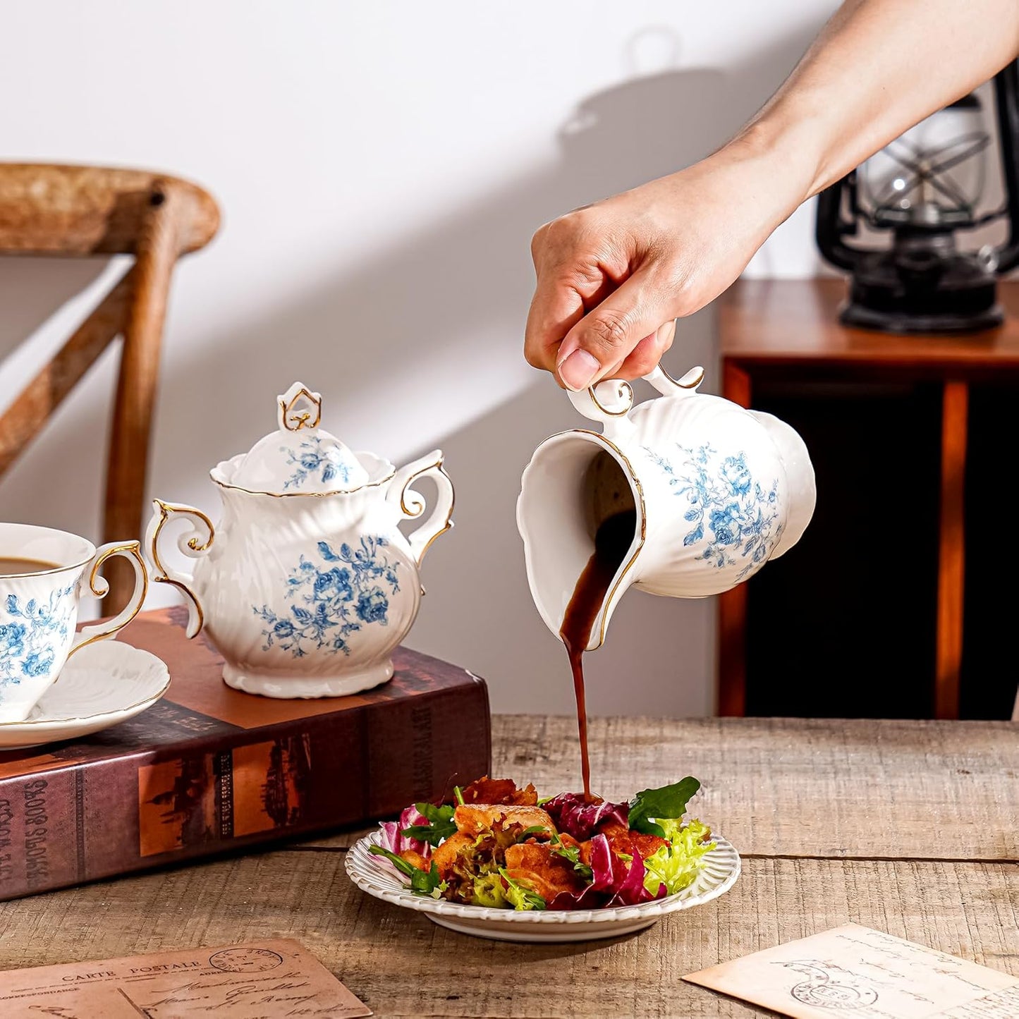 Sugar and Creamer Set Ceramic, Creamer Pitcher and Sugar Bowl with Lid,Sugar Cube Dish Coffee or Tea (White with blue flower)