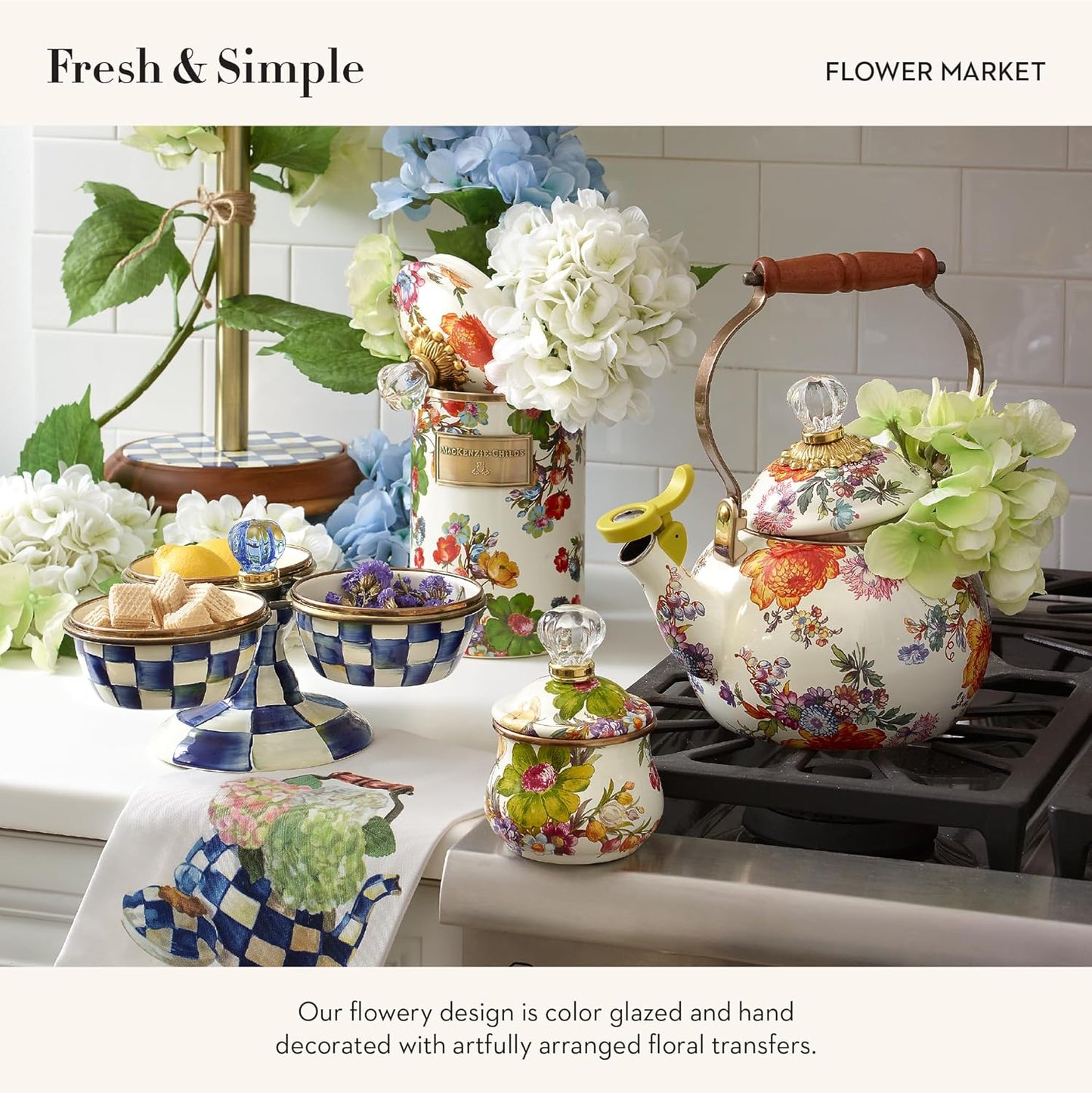 MACKENZIE-CHILDS Enamel Lidded Sugar Bowl, Small Serving Bowl with Lid, 10-Ounce Capacity, White Flower Market