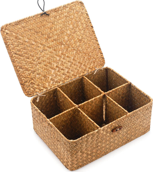 Tea Bag/Sugar Packet Holder, Coffee Station Condiment Organizer, Seagrass Storage Basket, Wicker Rattan Divided Basket Organizer for Drawer/Shelf/Countertop