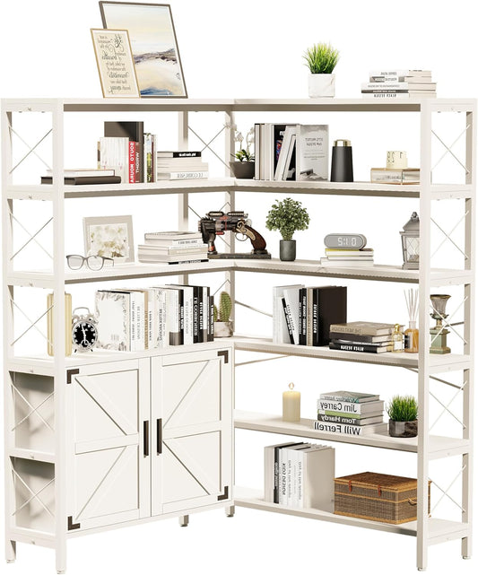Corner Bookshelf 6 Tier, Large White Wooden Bookcase for Corner,Farmhouse Etagere L Shaped Book-Shelf with Metal Frame & Cabinet for Living Room Home Office