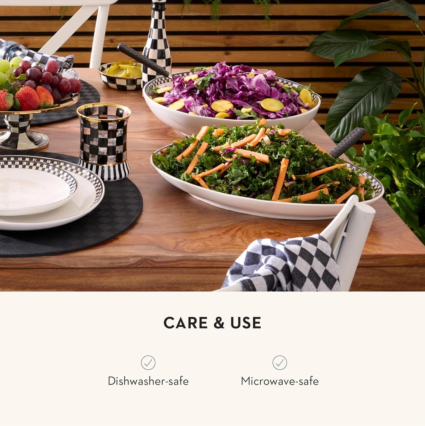 MACKENZIE-CHILDS Set of 2 Everyday Oval Platters, Dishwasher-Safe and Microwave-Safe, Black-and-White Courtly Check