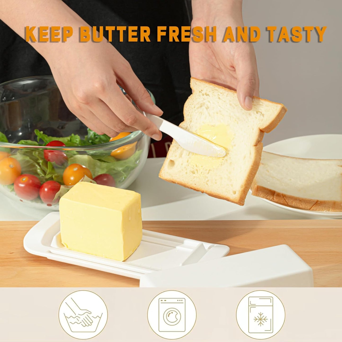 Butter Dish with Lid for Countertop, Butter Dish with Knife, Butter Keeper for Kitchen or Fridge, Bamboo Fiber Butter Tray, Butter Holder for 1 Stick Butter, BPA-free, Dishwasher Safe(White)