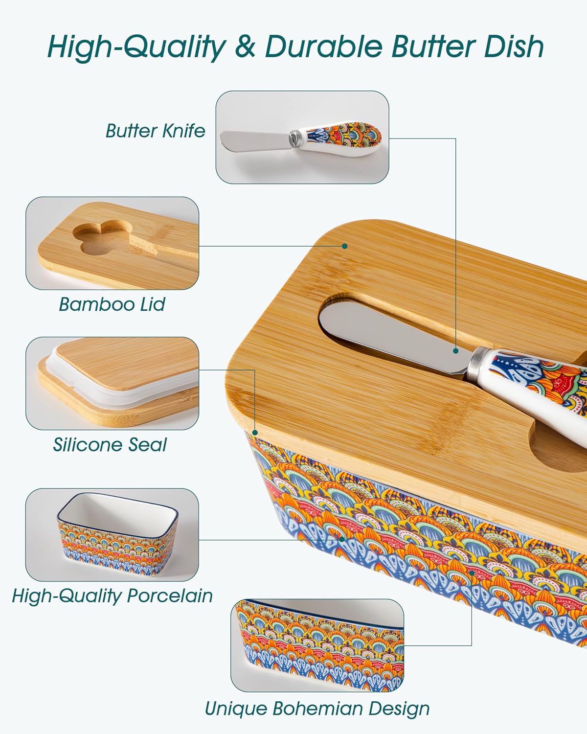 vancasso SIMI Butter Dish with Lid, 6.5" Large Butter Dish for Countertop, Bohemian Ceramic Butter Keeper Container with Knife and Bamboo Lid, Butter Holder for Counter, Regal Bloom