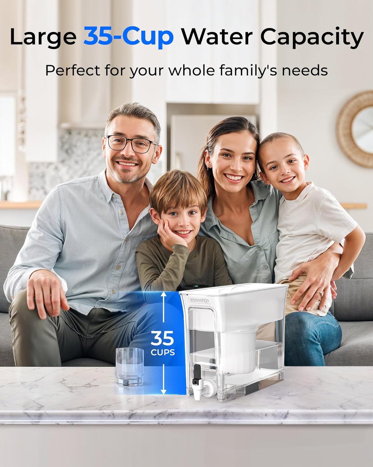 Waterdrop 0 TDS 35-Cup Slim Water Filter Dispenser, Large Capacity, Reduces TDS, Chlorine, PFOA/PFOS and More, BPA Free, White (with 1 Filter)
