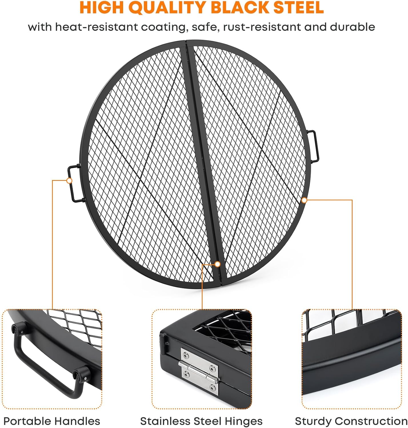 Stanbroil X-Marks Fire Pit Cooking Grill Grates, Foldable Round Cooking Grate with Handles, 36 Inch Portable Outdoor Campfire BBQ Grill, Black