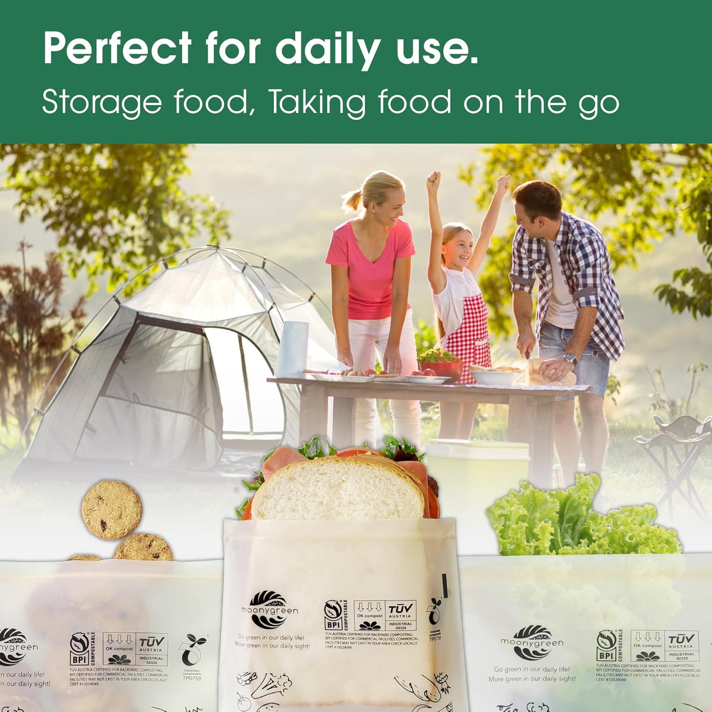 Compostable Food Storage Bags, Resealable Snack Bags, 50 Count, 6.5 x 3.7 inches, Extra Thick, Certified US BPI ASTM D6400 Europe OK Compost