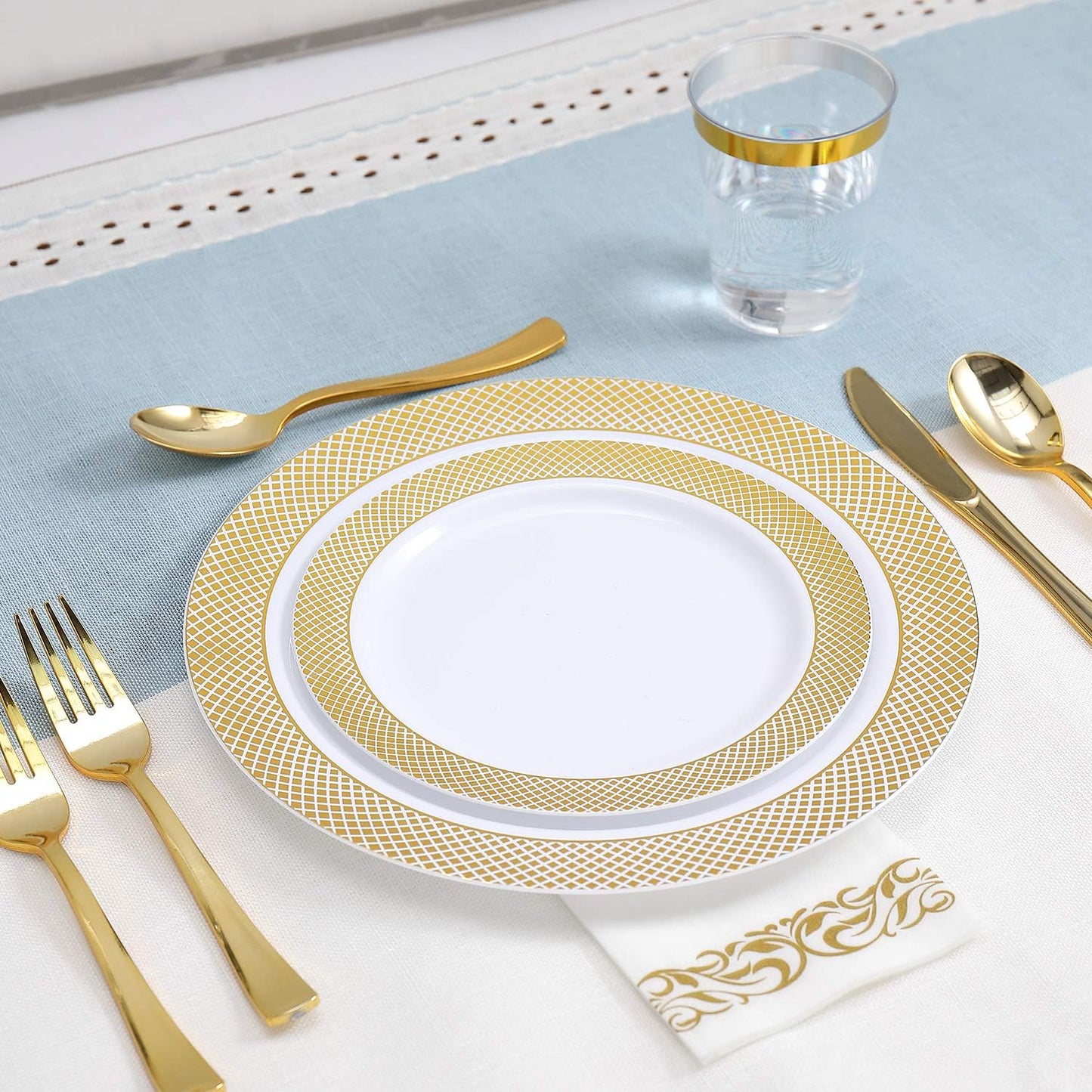 FOCUSLINE 175 Count Gold Dinnerware Set for 25 Guests - Disposable Plastic Plates with Gold Grid, Includes 25 Dinner & Salad Plates, Cups, Napkins, Cutlery Set for Wedding Parties