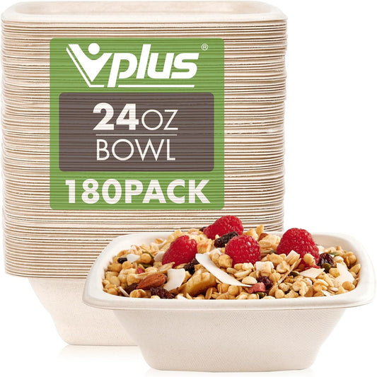 Vplus 180 Pack 24 OZ Paper Bowls Bulk, Square Disposable and Compostable, Eco-friendly Bagasse, Heavy-duty Bowls Perfect for Milk Cereals, Snacks, Salads